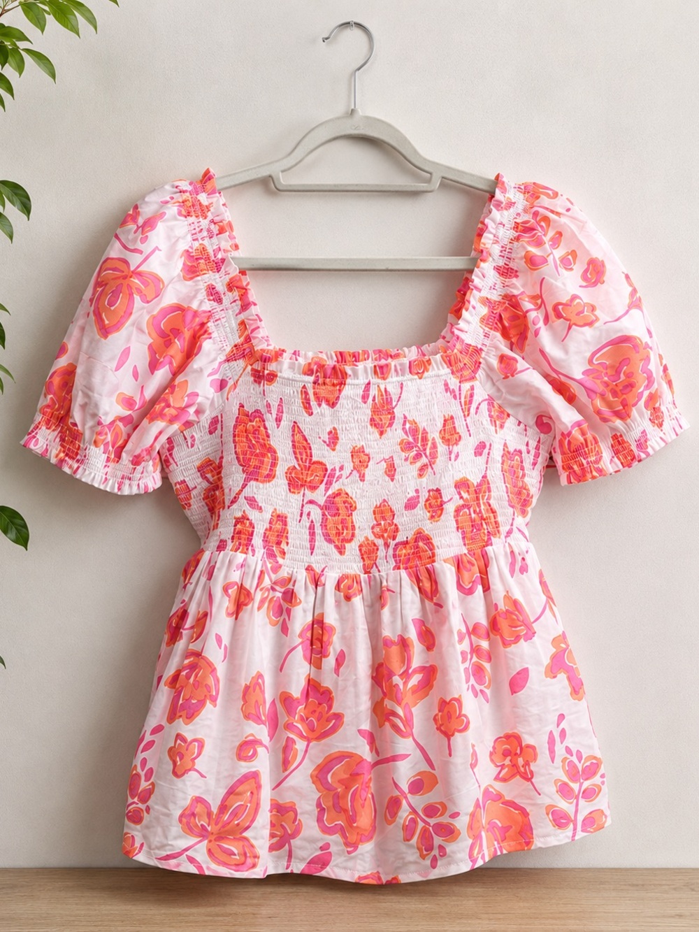 Vineyard Vines Pink & Orange Floral Smocked Puff Sleeve Peplum Blouse Top Size M